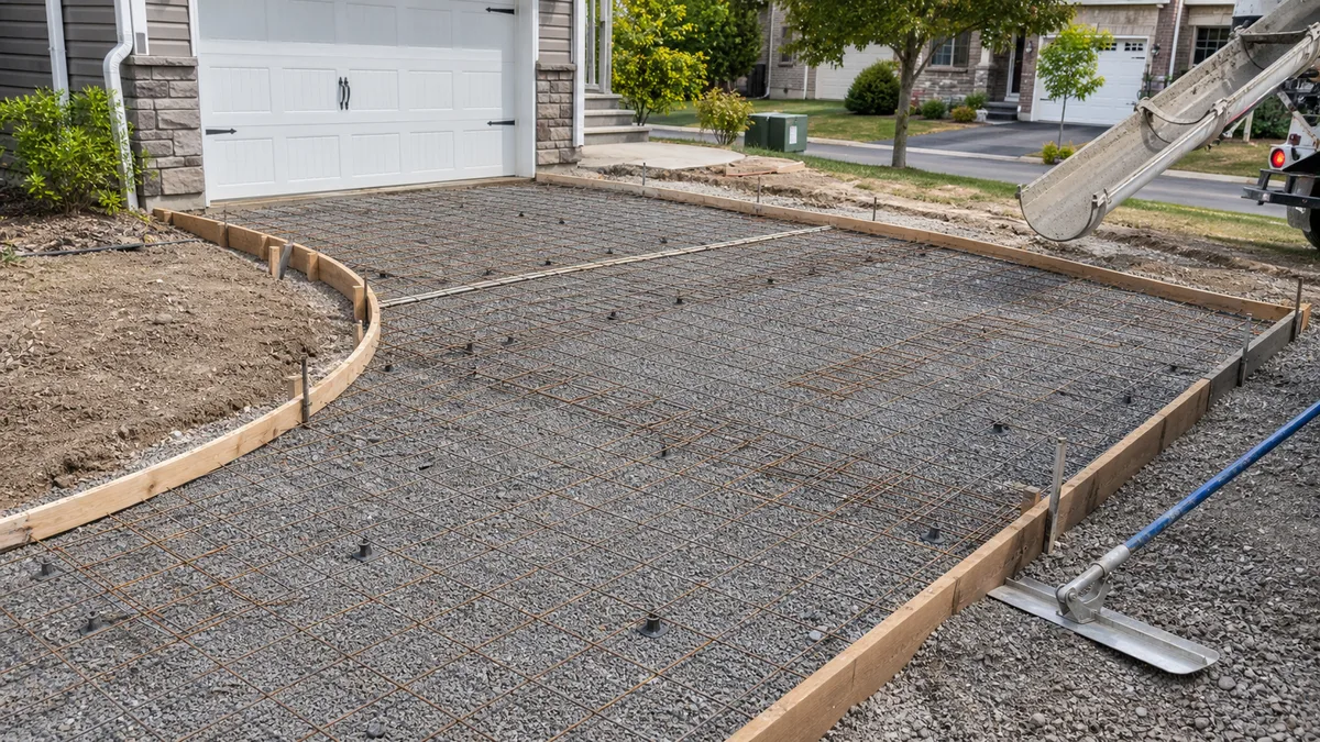 Residential driveway formwork with compacted gravel, reinforcement mesh, and concrete tools before pouring