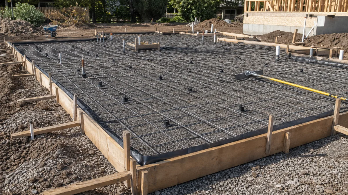 Residential concrete slab formwork with gravel subbase, vapor barrier edge, and reinforcement grid before the pour