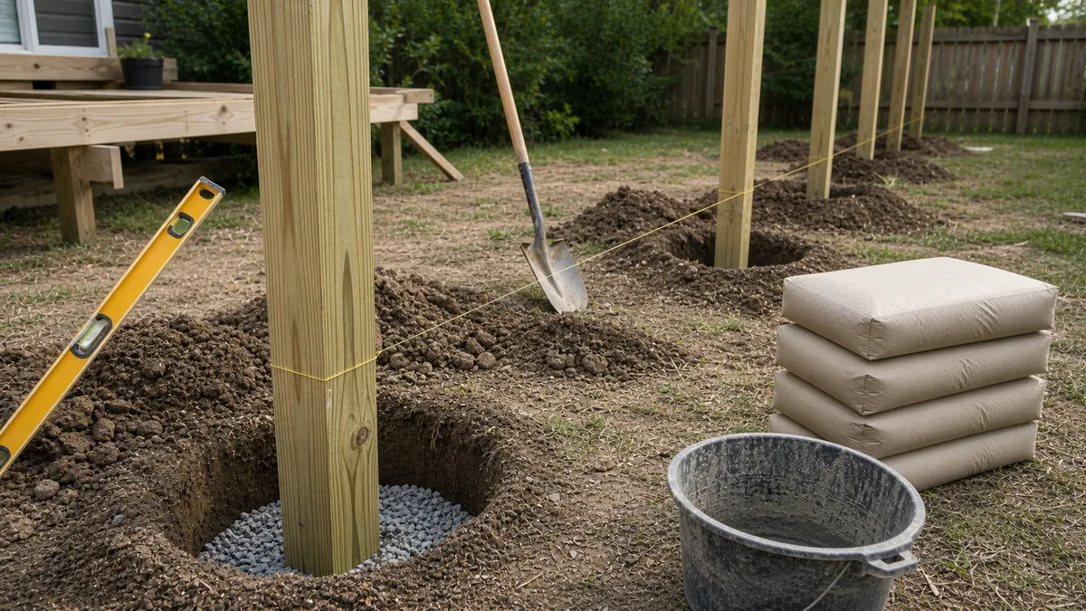 Post holes with treated wood posts, gravel at the bottom, concrete bags, and alignment string before concrete placement